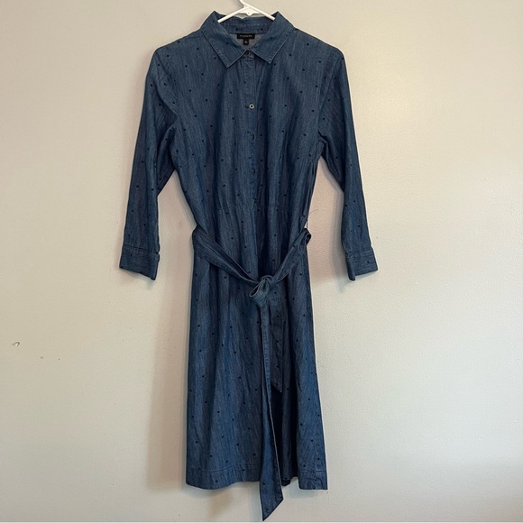 Talbots Dresses & Skirts - Talbots Button Front Shirt Dress Midi Denim Sz 6 Blue Belted Polka Dots Blue